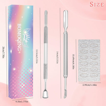 BOMOQING Cuticle Pusher 2PCS & 60 Nail Sand Polishing Tablets Silver Kit