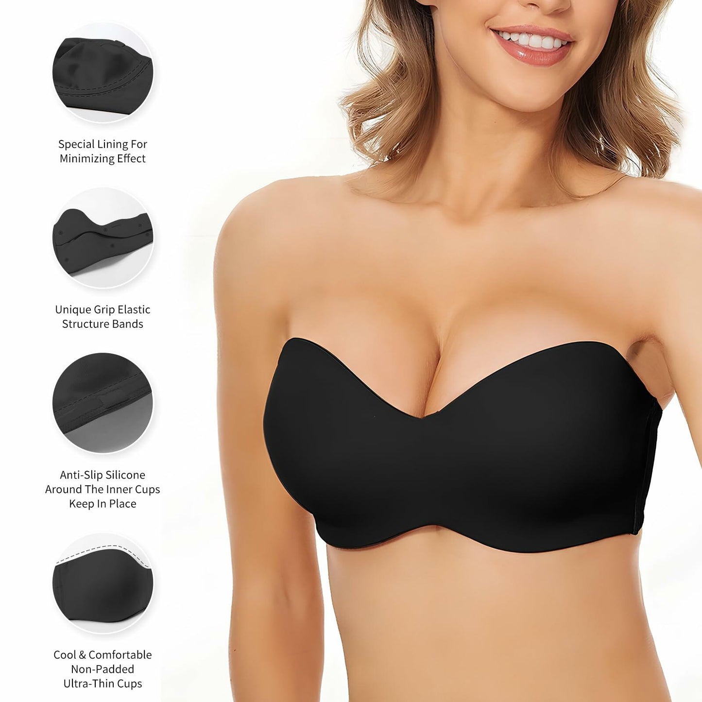 Woobilly Strapless Non Padded Push Up Convertible Bra Black Size 44F