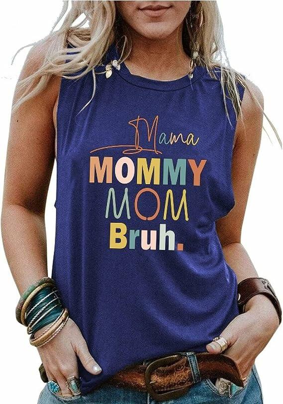 IEUGOH Women Mama Mommy Mom Bruh Tank Top Graphic Print Sleeveless Vest Blue L