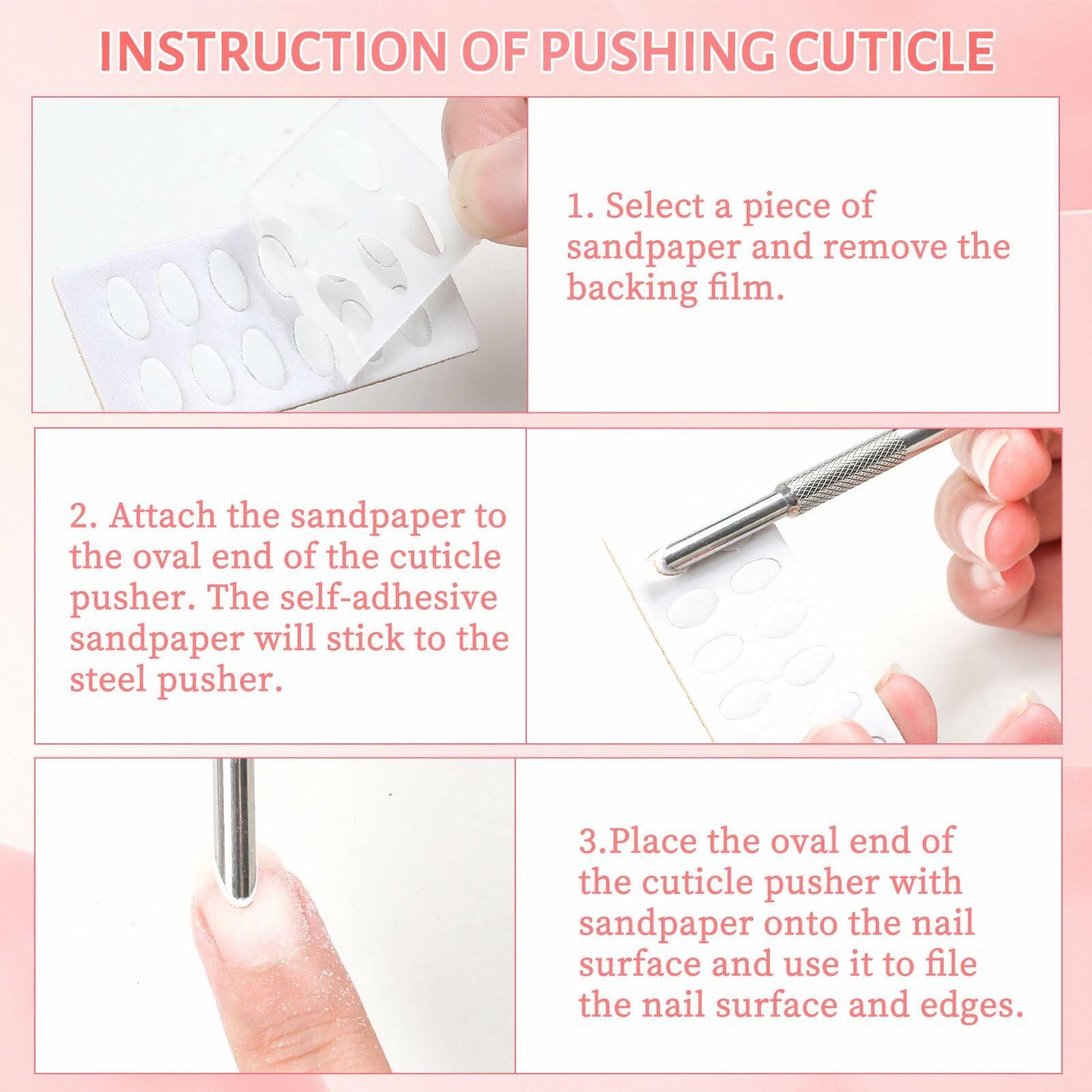 BOMOQING Cuticle Pusher 2PCS & 60 Nail Sand Polishing Tablets Silver Kit