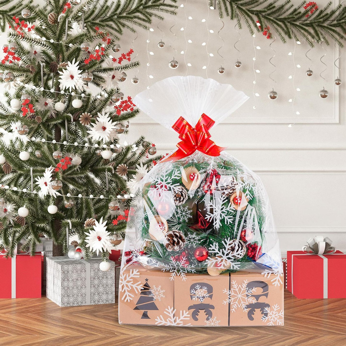 Kolewo4ever Christmas Snowflake Cellophane Bags 20pcs 16x24in Red Floral