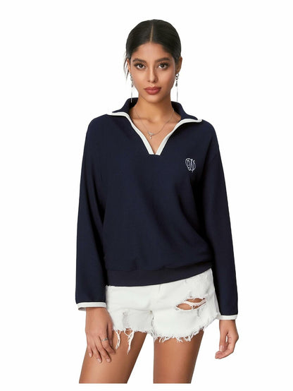 WDIRARA Women's V Neck Letter Graphic Sweatshirt Navy Blue Size S
