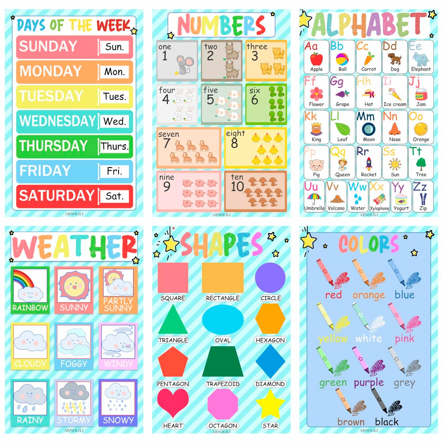 ARNOLILI Toddler Educational Canvas Posters 6 Pack ABC Numbers Shapes 12x18in