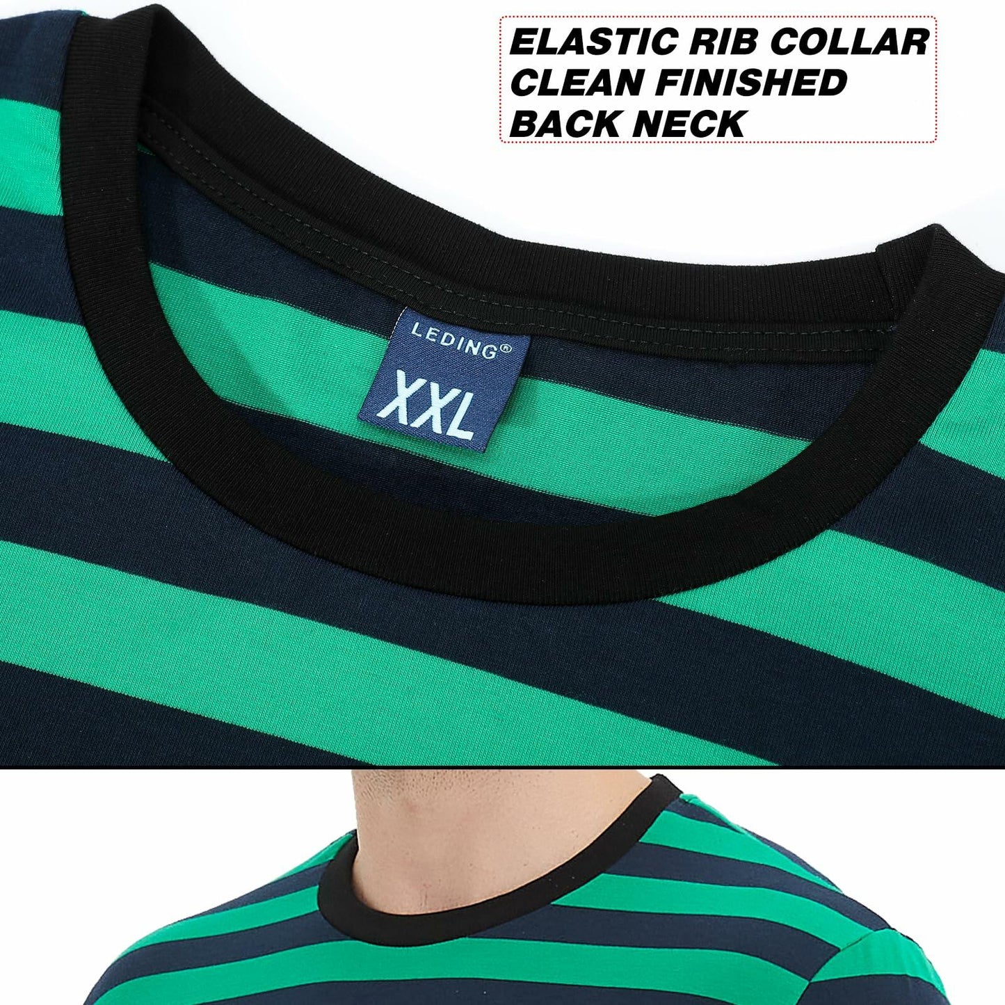 LEDING Stripes Men's Summer Cotton Short Sleeve Crew Neck T-Shirt Green&Blue S