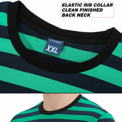 LEDING Stripes Men's Summer Cotton Short Sleeve Crew Neck T-Shirt Green&Blue S