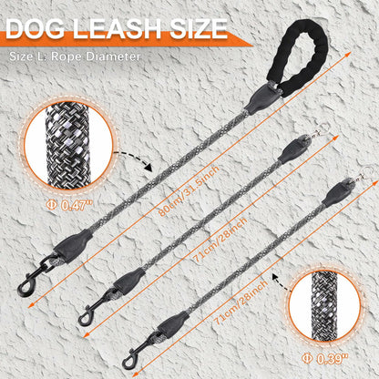 Mengbei Tribe Double Dog Leash Detachable 360° Swivel Reflective Grey Size L