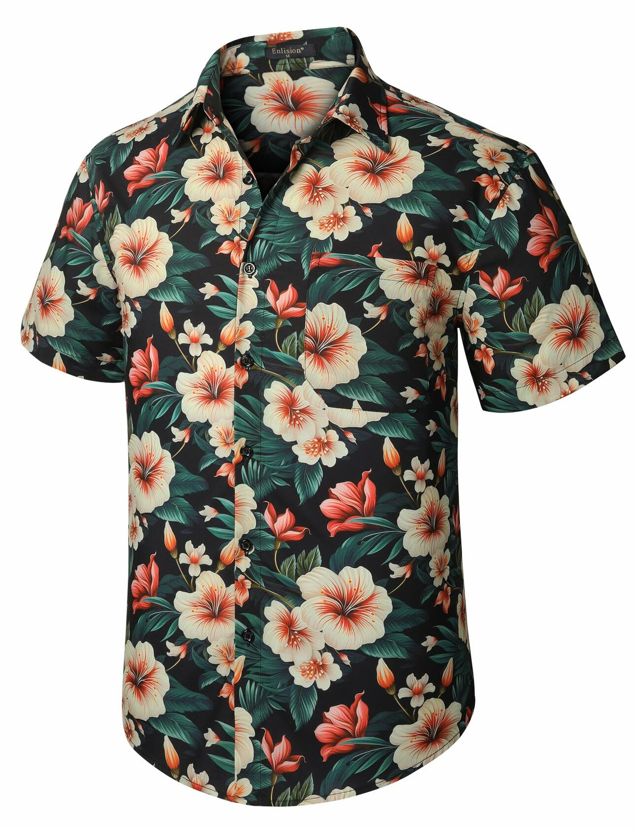 Enlision Men's Floral Hawaiian Shirt Short Sleeve Button-Down Black Size S