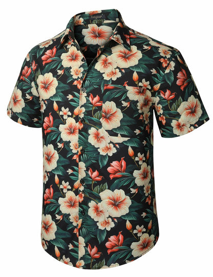 Enlision Men's Floral Hawaiian Shirt Short Sleeve Button-Down Black Size S