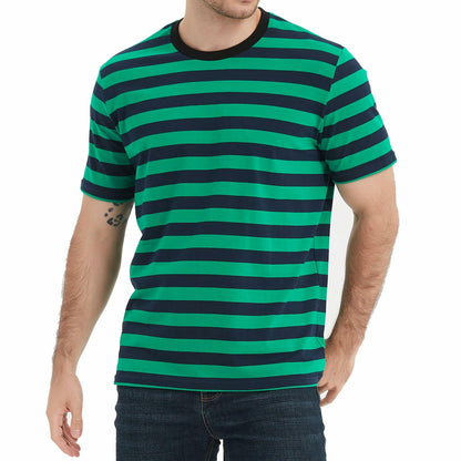 LEDING Stripes Men's Summer Cotton Short Sleeve Crew Neck T-Shirt Green&Blue S