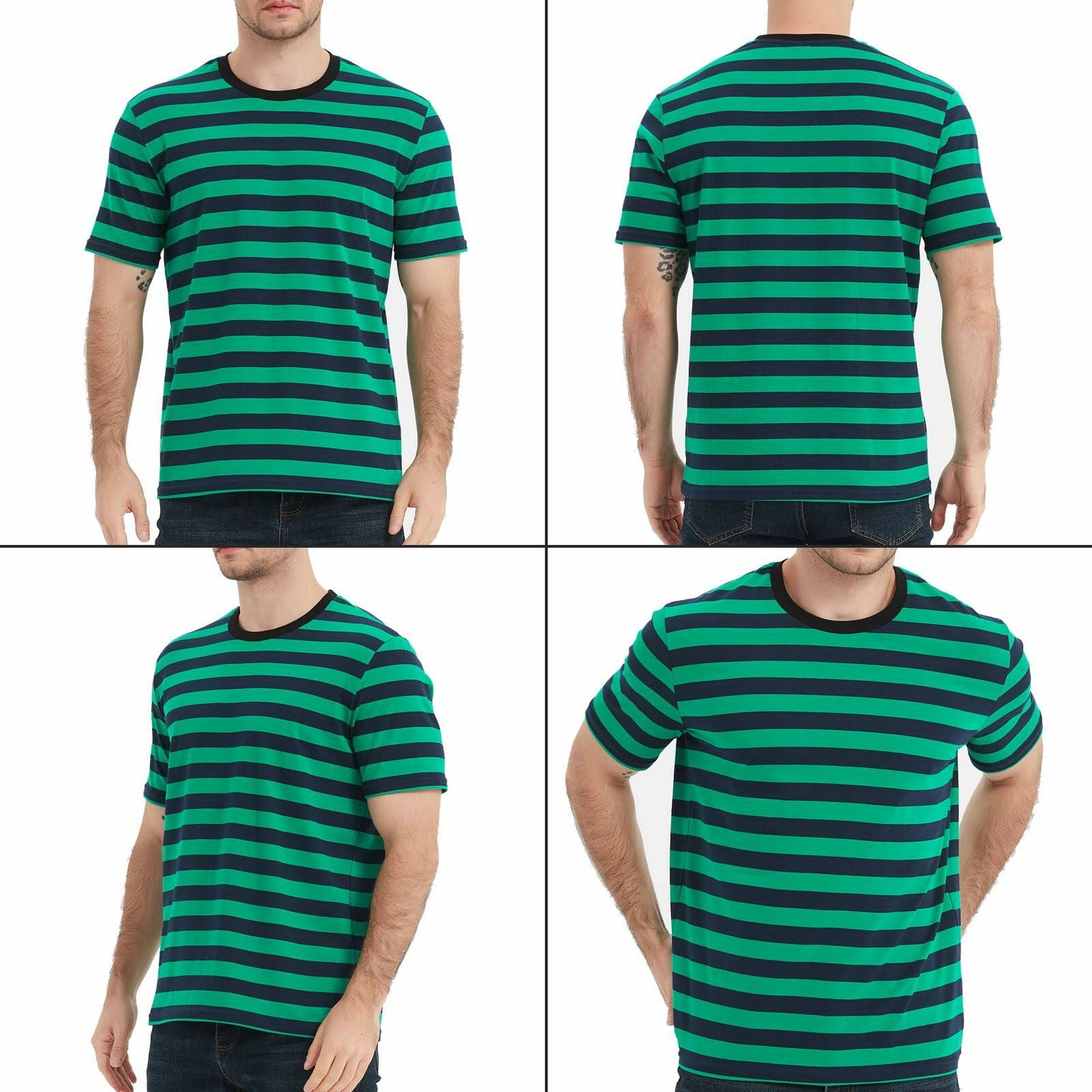 LEDING Stripes Men's Summer Cotton Short Sleeve Crew Neck T-Shirt Green&Blue S