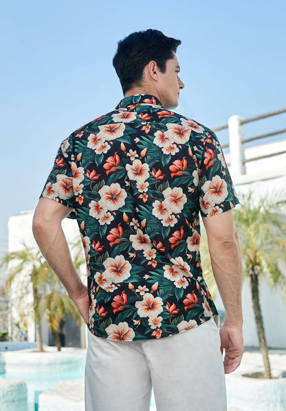 Enlision Men's Floral Hawaiian Shirt Short Sleeve Button-Down Black Size S