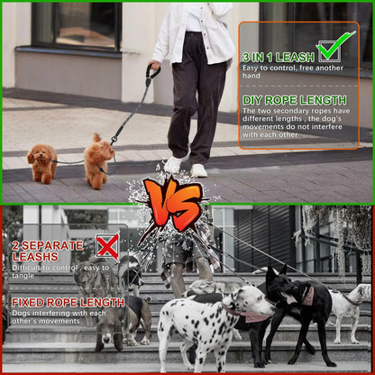 Mengbei Tribe Double Dog Leash Detachable 360° Swivel Reflective Grey Size L