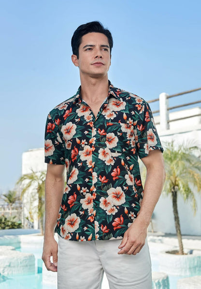 Enlision Men's Floral Hawaiian Shirt Short Sleeve Button-Down Black Size S