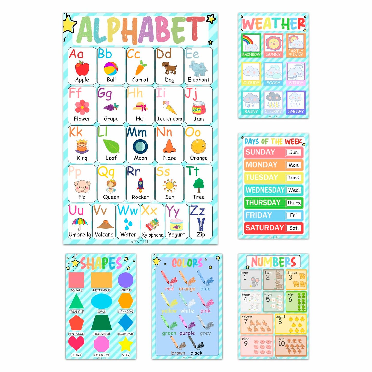 ARNOLILI Toddler Educational Canvas Posters 6 Pack ABC Numbers Shapes 12x18in