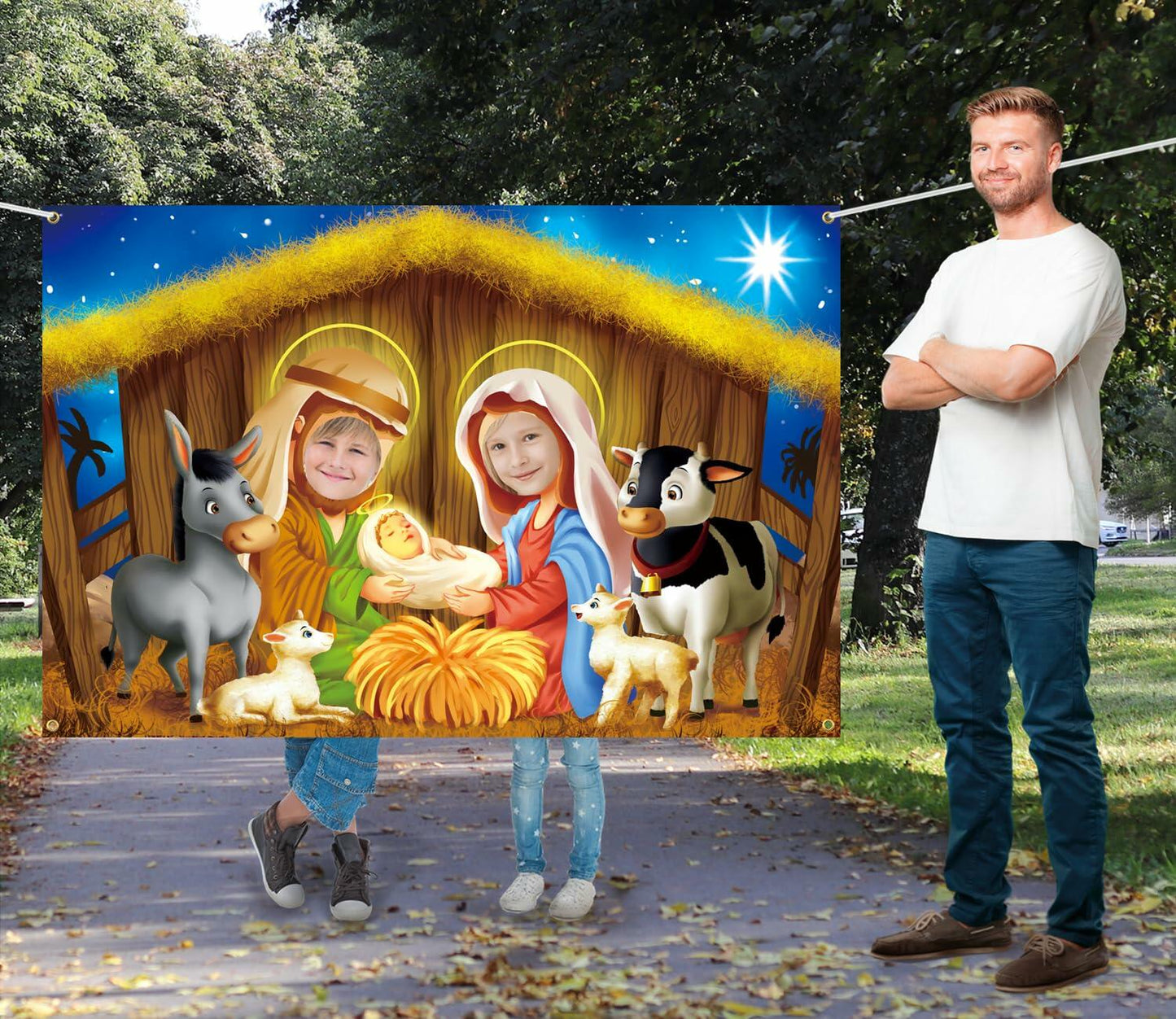 DoraDream Nativity Scene Face Hole Backdrop 5x3.3 ft Rustic Christmas