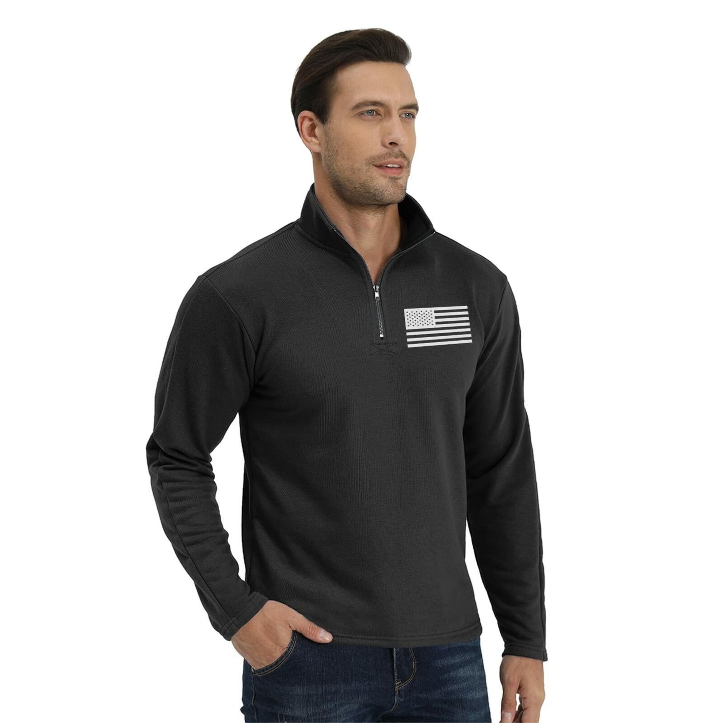 H HYFOL Men's USA Flag Graphic 1/4 Zip Pullover Sweatshirt Black Size S