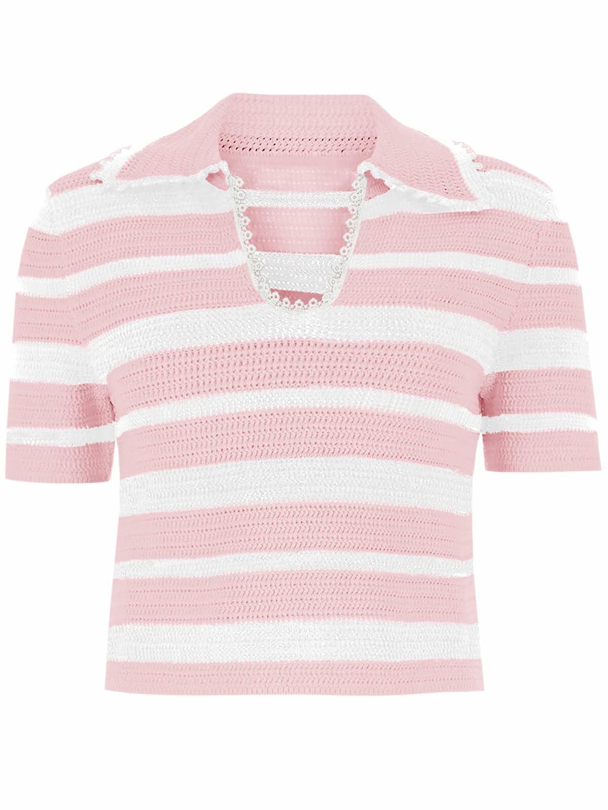 Saodimallsu Womens Cropped Striped Sweater Top V Neck Pink