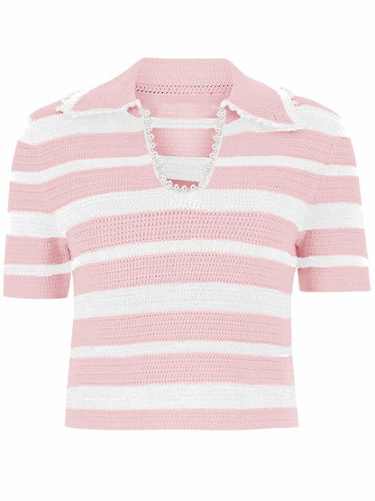 Saodimallsu Womens Cropped Striped Sweater Top V Neck Pink