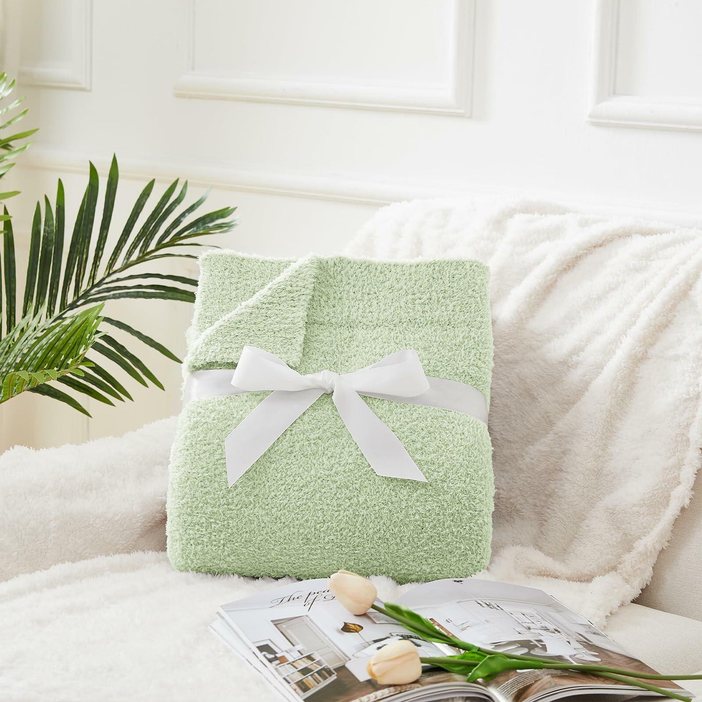 CYMULA Knit Throw Blanket Mint Green Lightweight Plush 50x60 inches