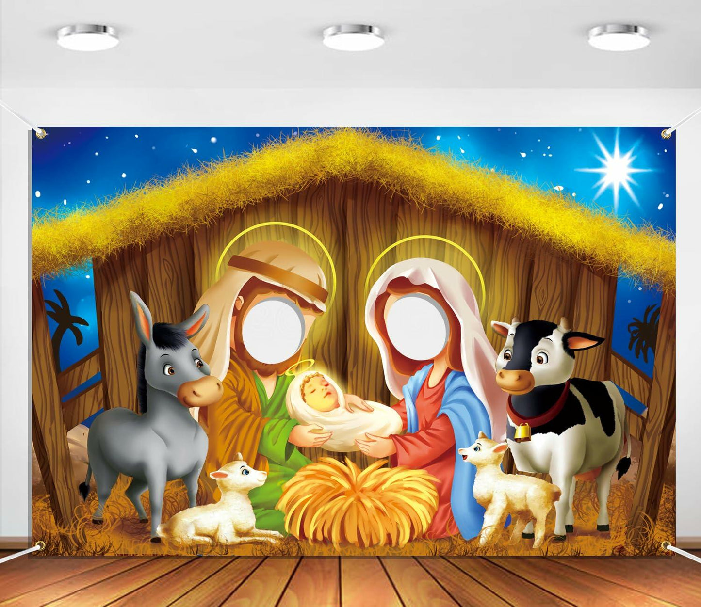 DoraDream Nativity Scene Face Hole Backdrop 5x3.3 ft Rustic Christmas