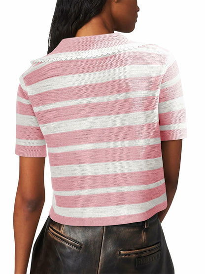 Saodimallsu Womens Cropped Striped Sweater Top V Neck Pink