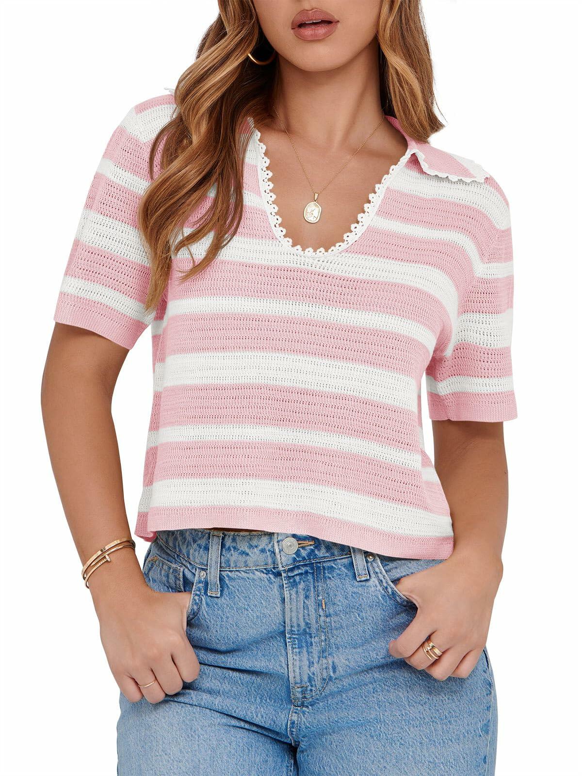 Saodimallsu Womens Cropped Striped Sweater Top V Neck Pink