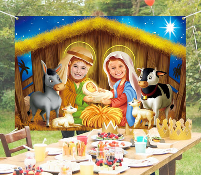 DoraDream Nativity Scene Face Hole Backdrop 5x3.3 ft Rustic Christmas
