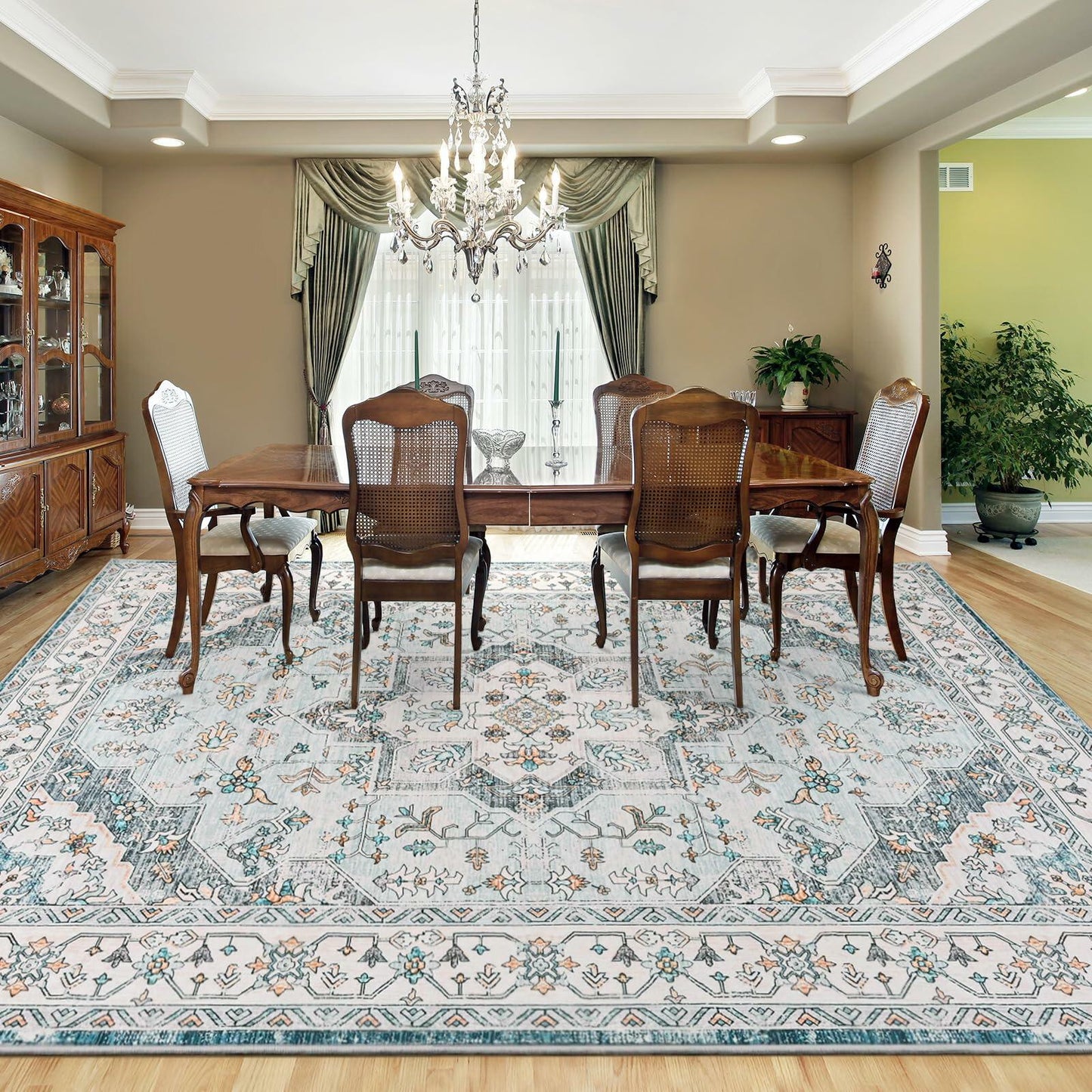 FlyDOIT Vintage 5x8 Blue Floral Medallion Washable Area Rug