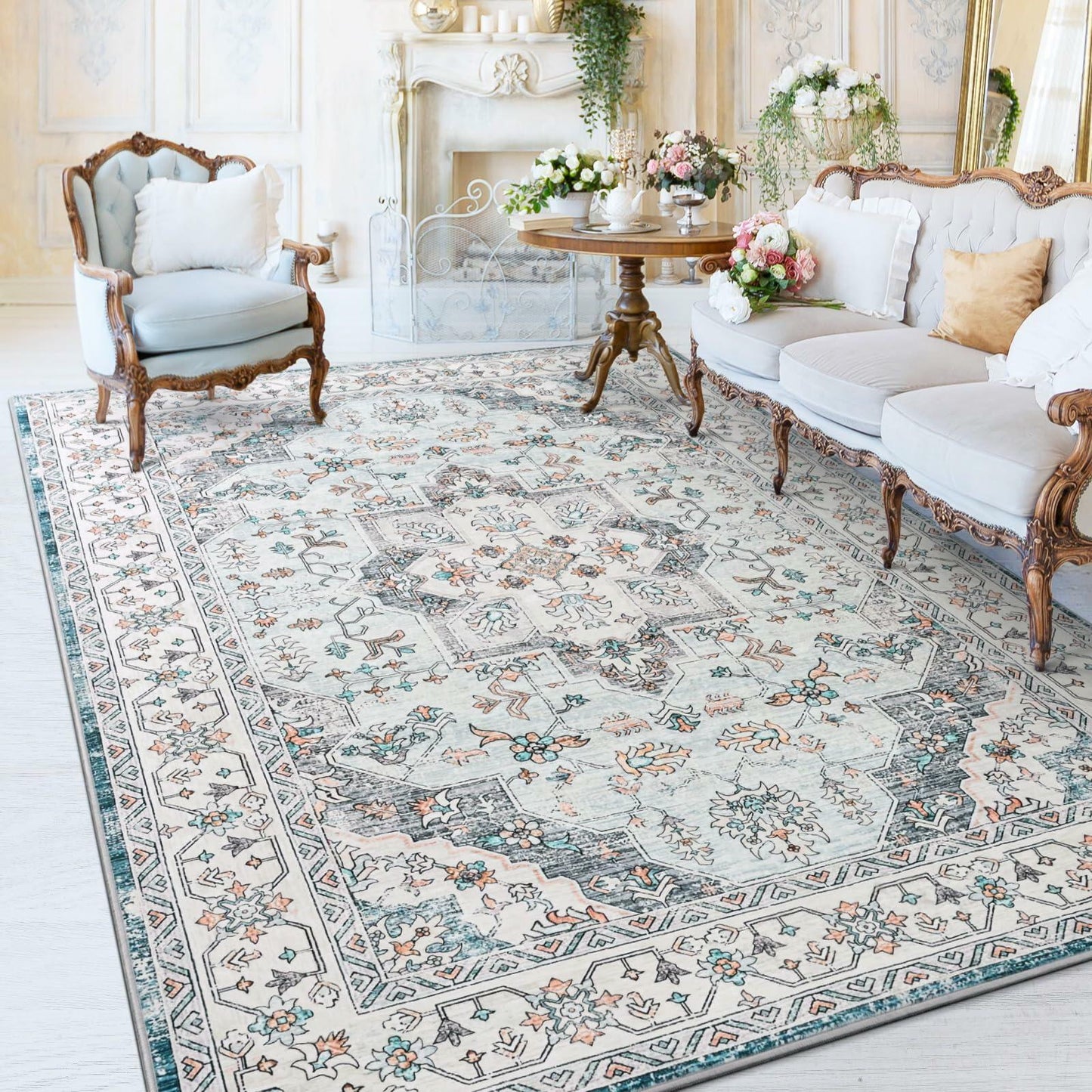 FlyDOIT Vintage 5x8 Blue Floral Medallion Washable Area Rug