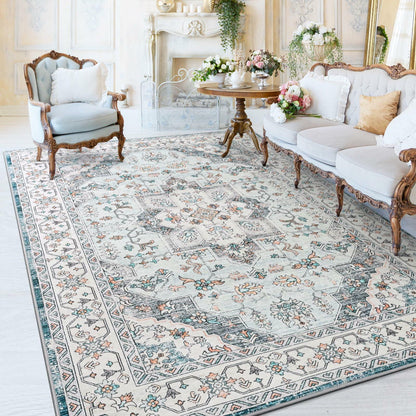 FlyDOIT Vintage 5x8 Blue Floral Medallion Washable Area Rug