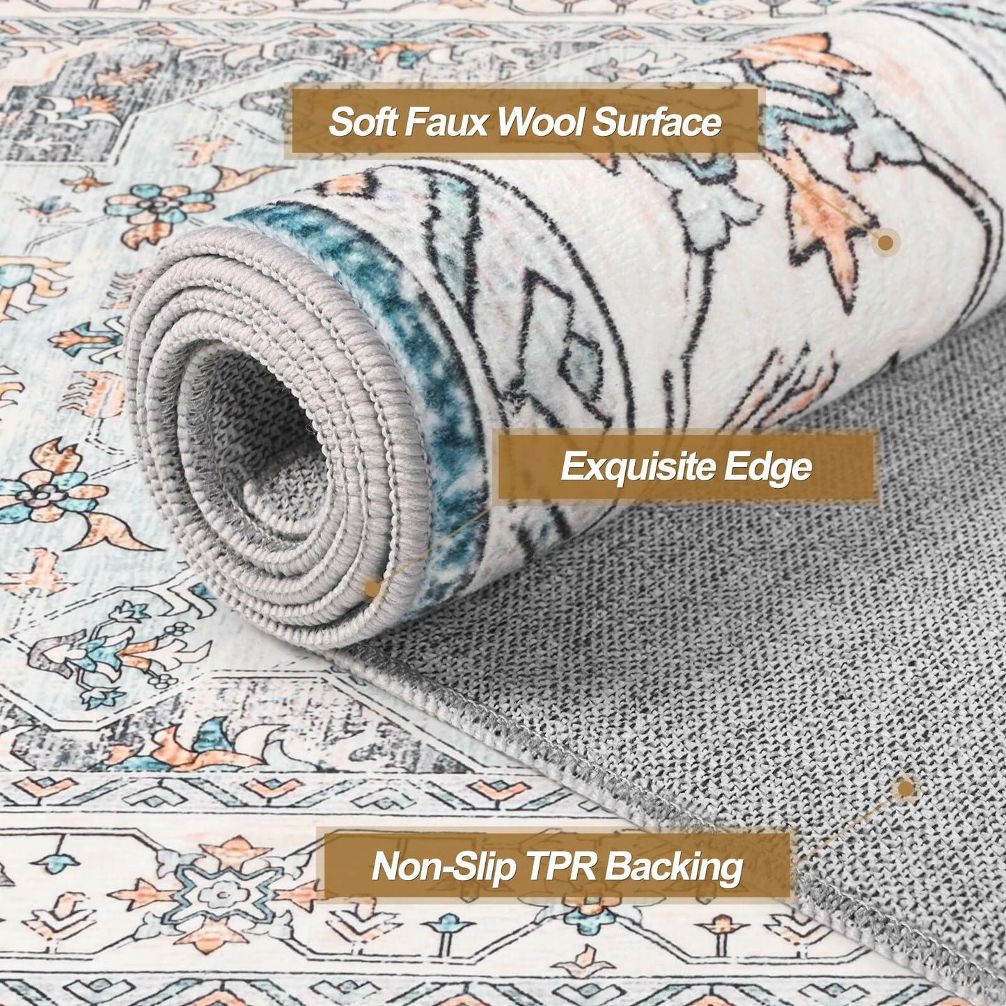 FlyDOIT Vintage 5x8 Blue Floral Medallion Washable Area Rug