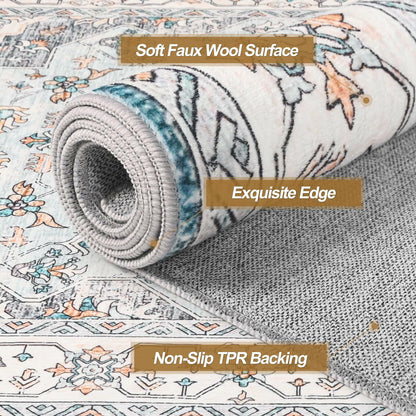 FlyDOIT Vintage 5x8 Blue Floral Medallion Washable Area Rug
