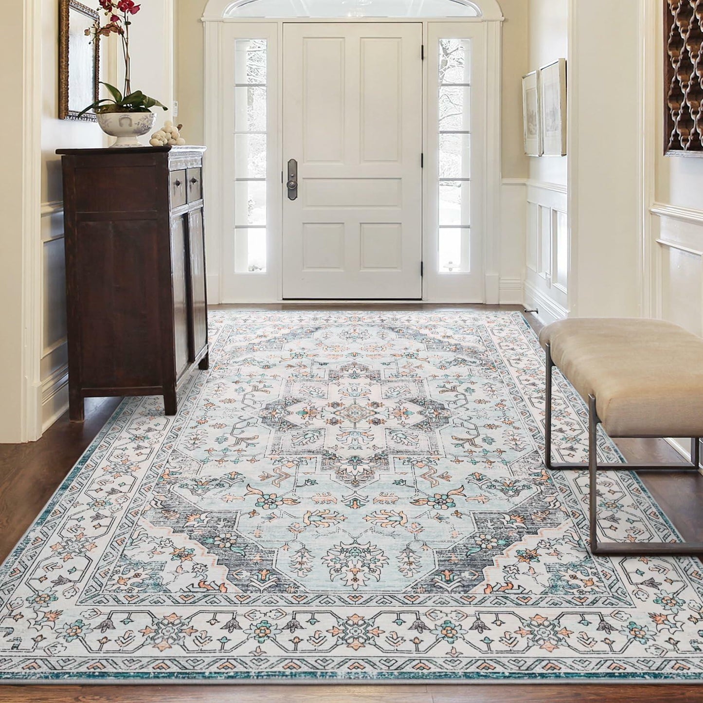 FlyDOIT Vintage 5x8 Blue Floral Medallion Washable Area Rug