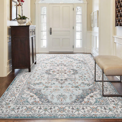 FlyDOIT Vintage 5x8 Blue Floral Medallion Washable Area Rug