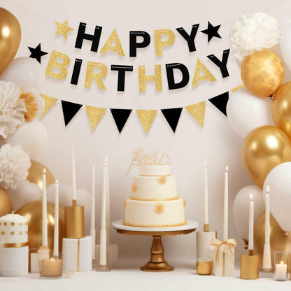 Black and Gold Happy Birthday Banner Pre-Strung Garland for Men Party Decor