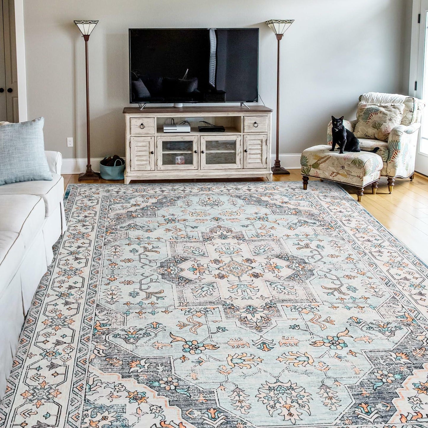 FlyDOIT Vintage 5x8 Blue Floral Medallion Washable Area Rug