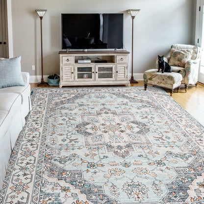 FlyDOIT Vintage 5x8 Blue Floral Medallion Washable Area Rug