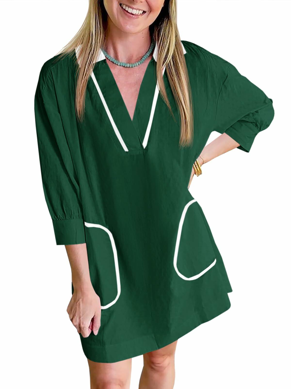 Saodimallsu Womens V Neck Color Block Swimsuit Coverup Mini Dress Green Size M