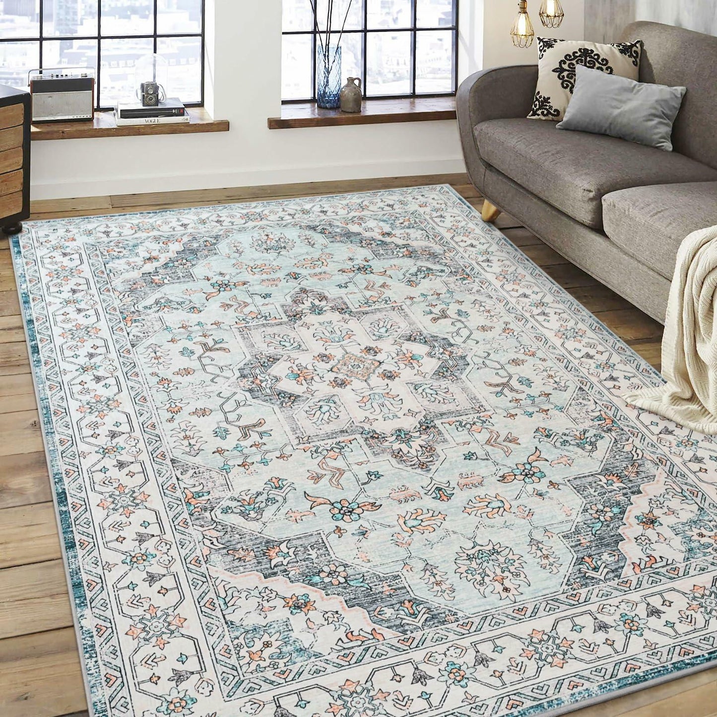FlyDOIT Vintage 5x8 Blue Floral Medallion Washable Area Rug