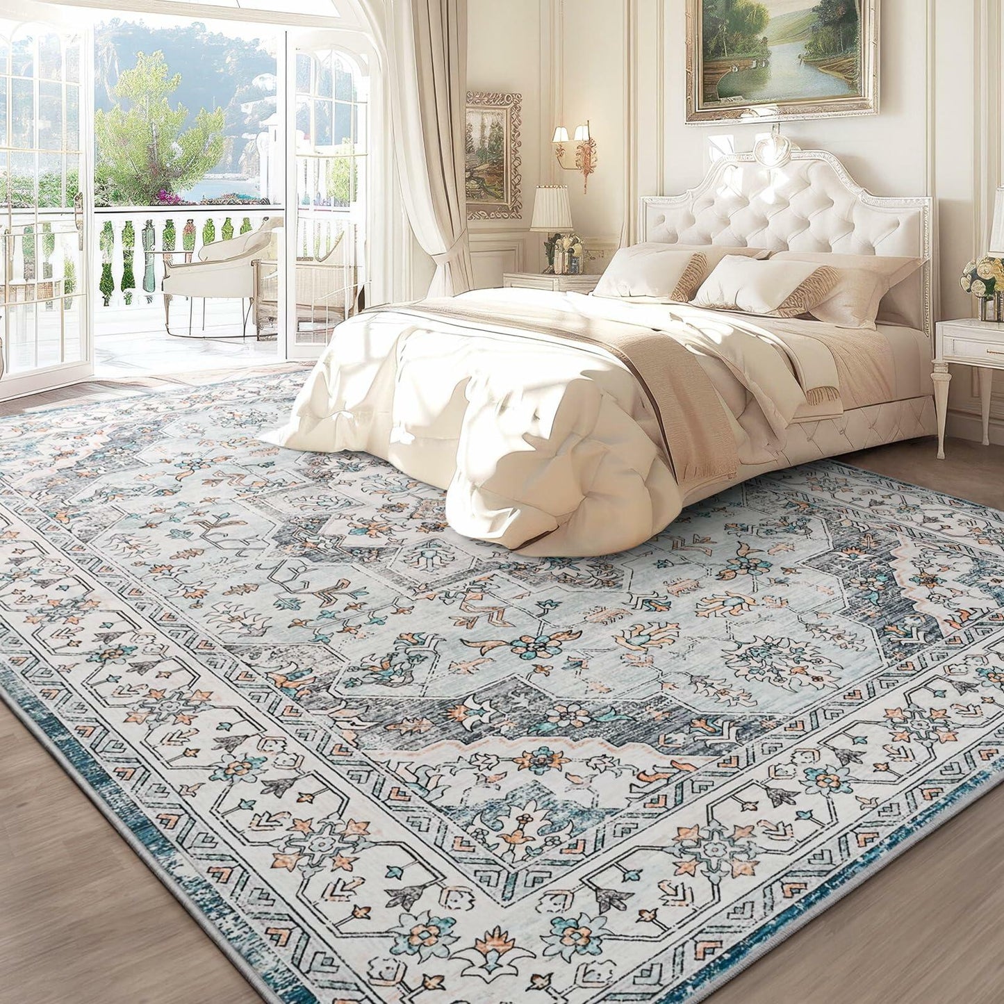 FlyDOIT Vintage 5x8 Blue Floral Medallion Washable Area Rug