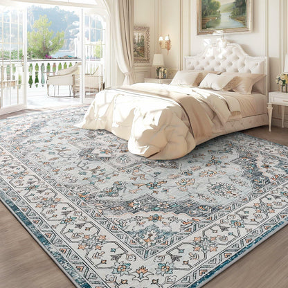 FlyDOIT Vintage 5x8 Blue Floral Medallion Washable Area Rug