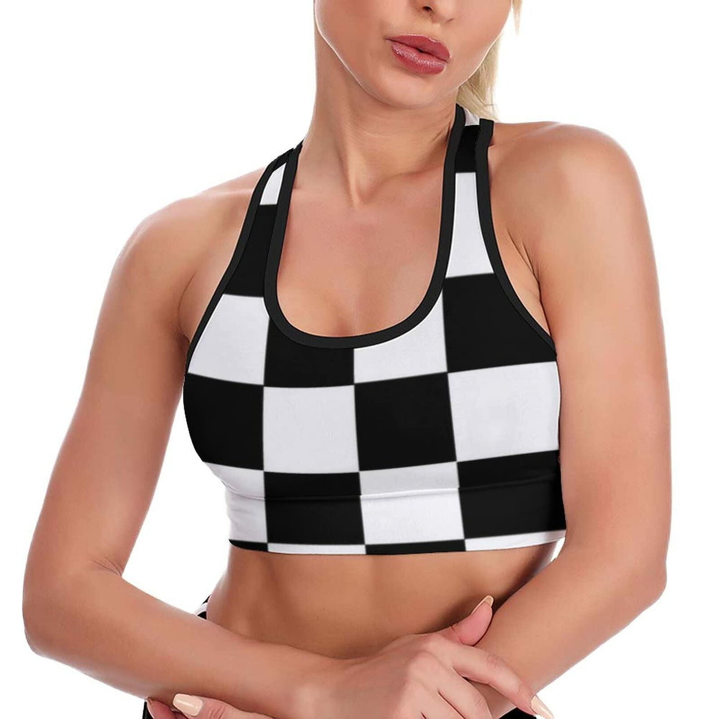 TIETIE Women's Checkered Flag Racerback Sports Yoga Bra Black White Size S