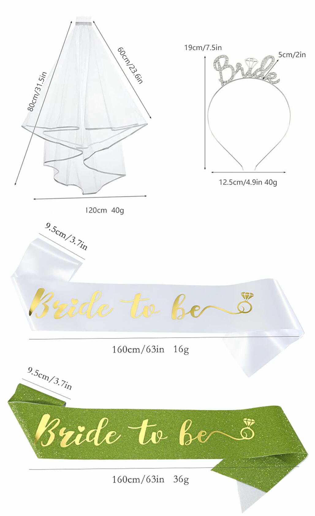 Apone Fatu 3 Pcs Bride Crown Headband Sash Veil Bachelorette Party Gold