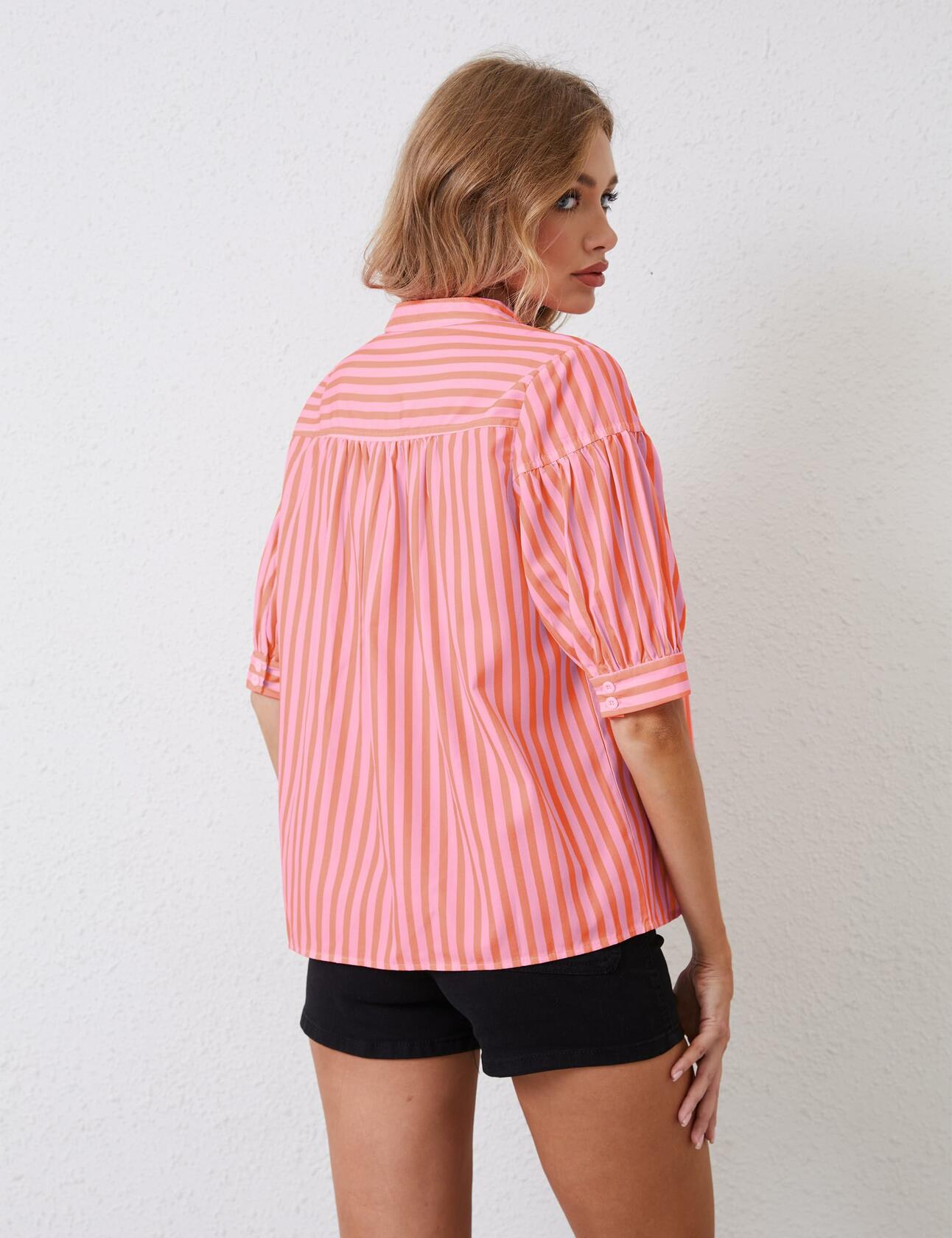 MSBESYOR Women Puff Short Sleeve Striped V Neck Blouse Pink Size M