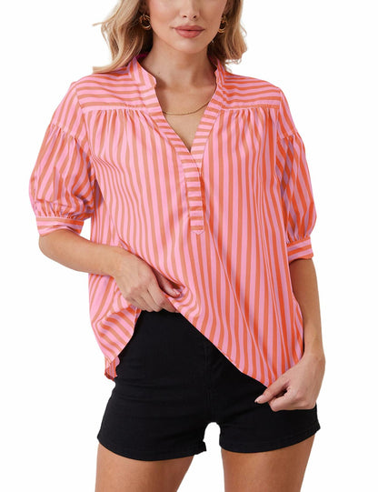 MSBESYOR Women Puff Short Sleeve Striped V Neck Blouse Pink Size M