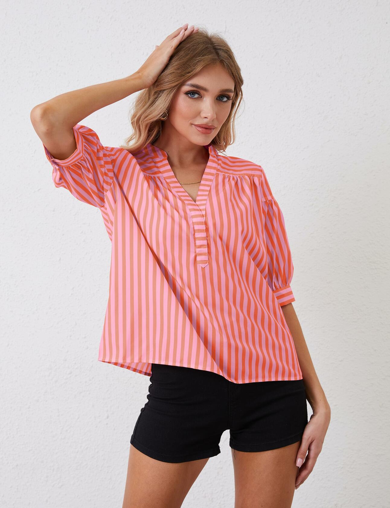 MSBESYOR Women Puff Short Sleeve Striped V Neck Blouse Pink Size M