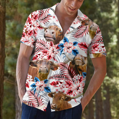 PIGO Simmental Cow Hawaiian Shirt Men US Flag Short Sleeve Size XX-L