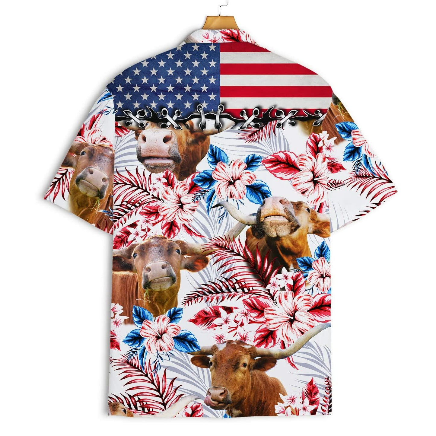 PIGO Simmental Cow Hawaiian Shirt Men US Flag Short Sleeve Size XX-L