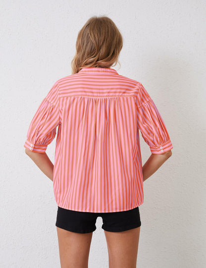 MSBESYOR Women Puff Short Sleeve Striped V Neck Blouse Pink Size M