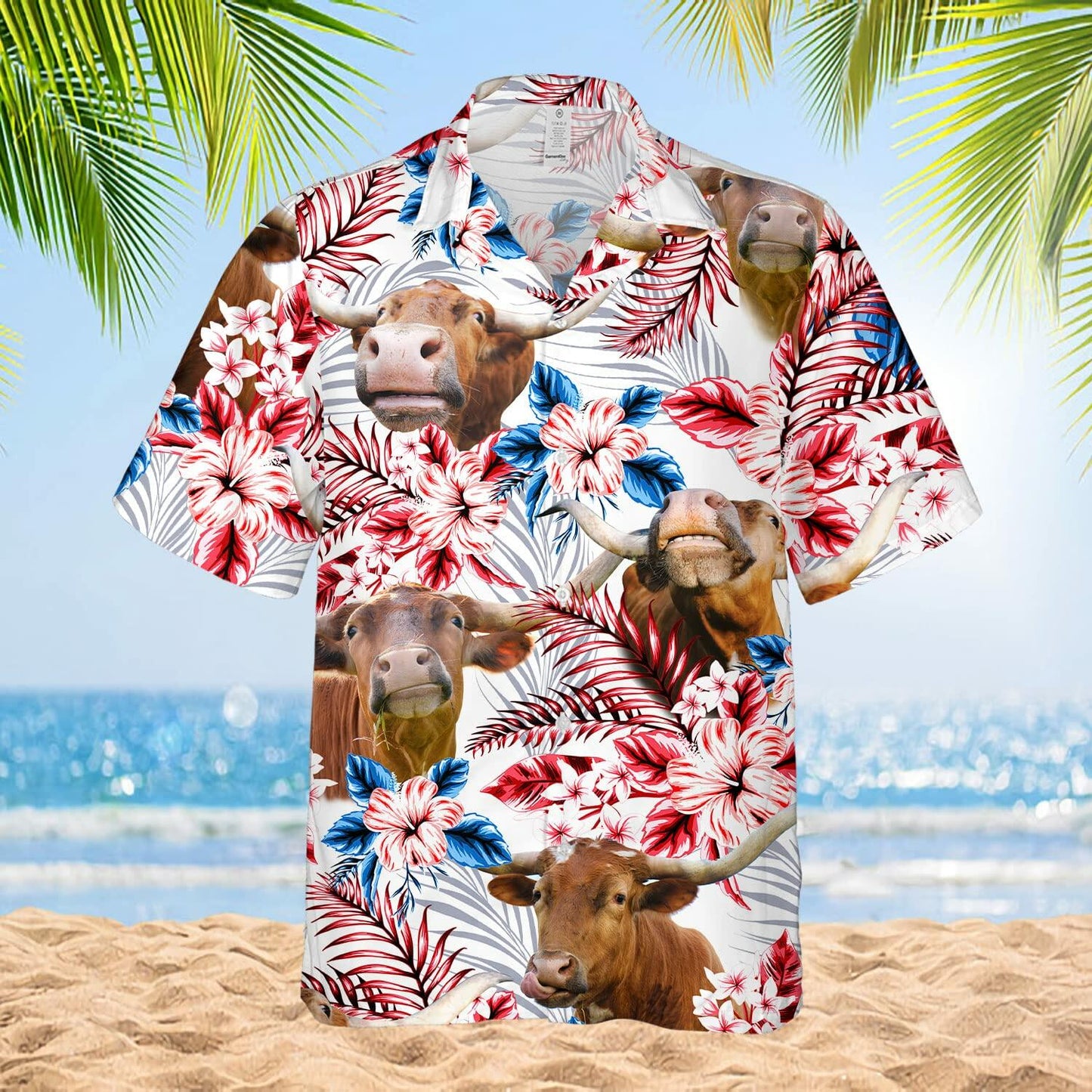 PIGO Simmental Cow Hawaiian Shirt Men US Flag Short Sleeve Size XX-L